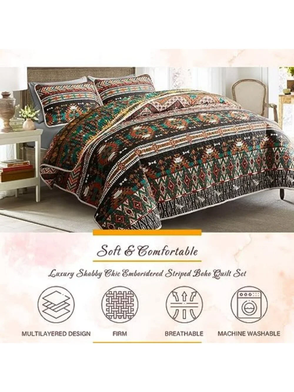 Colorful Bohemian King Quilt Set - Soft Lightweight Bedspread & 2 Shams, Boho